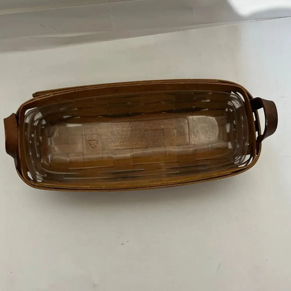 Longaberger Brown 2 Leather Handles Plastic Protector Breadstick Basket‎
